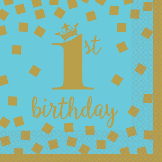 Hovedbilde 1st Birthday servietter blå og gull kaffe 16 pk