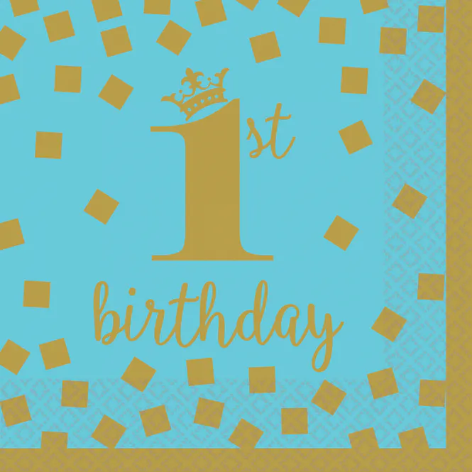 Hovedbilde 1st Birthday servietter blå og gull kaffe 16 pk
