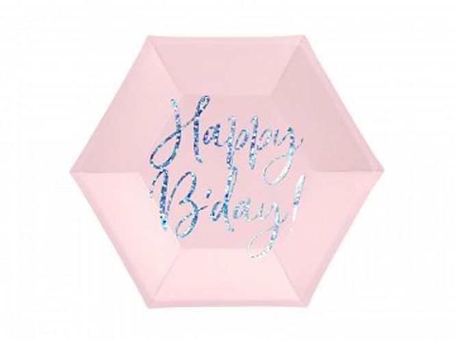 Hovedbilde Papptallerken Happy Birthday Pudderrosa 6pk