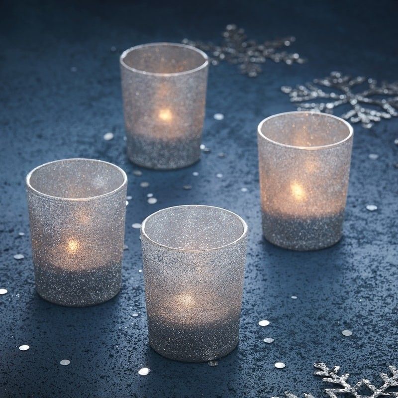 Telysholder Glass Med Glitter Sølv  4pk