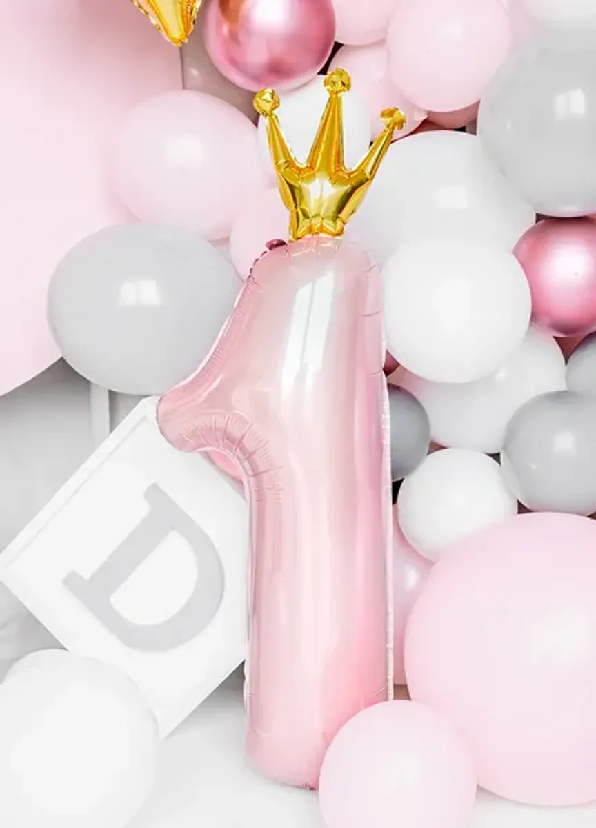 Folieballong 1 år med krone rosa